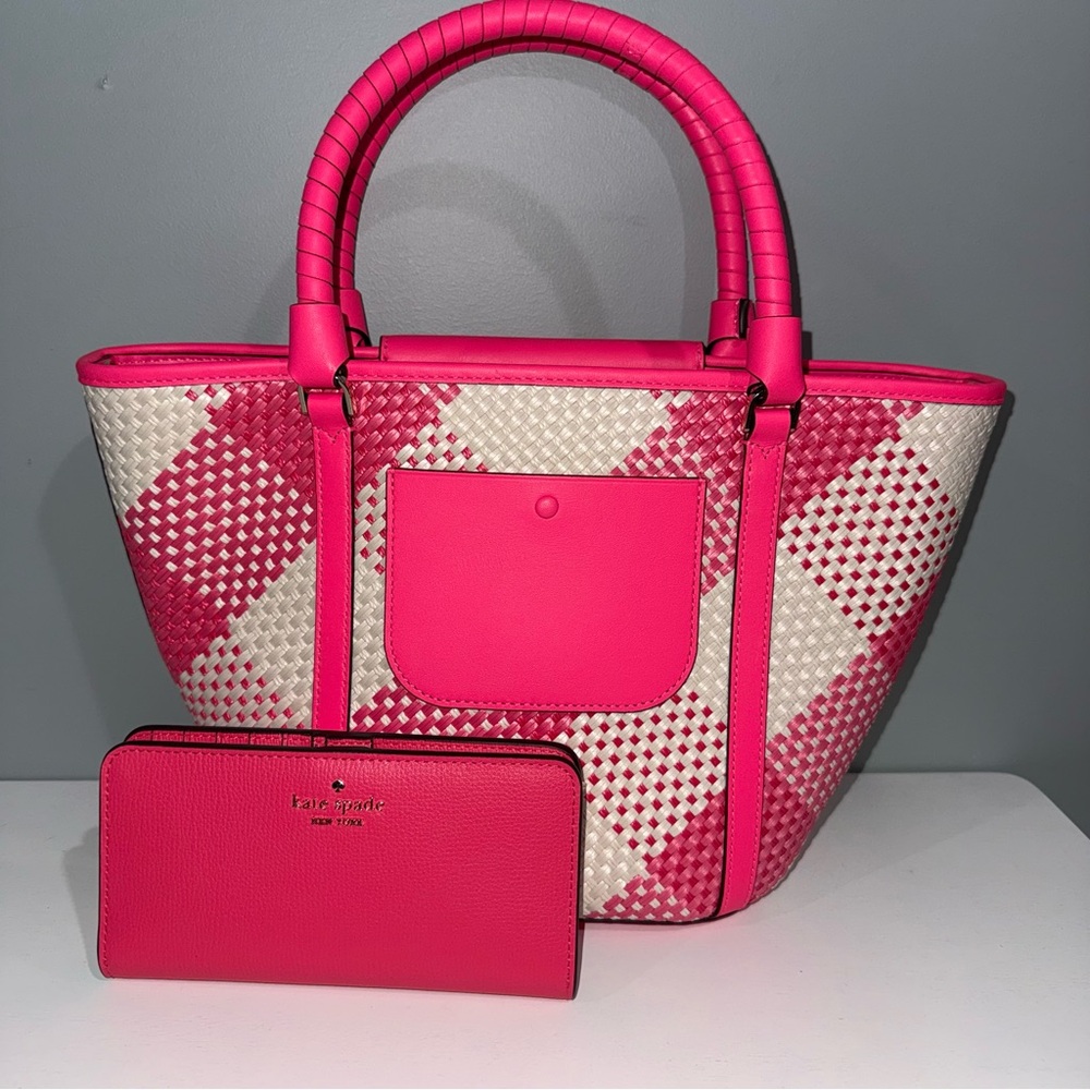 kate spade Pink and Cream Woven Tote with Matching Wallet